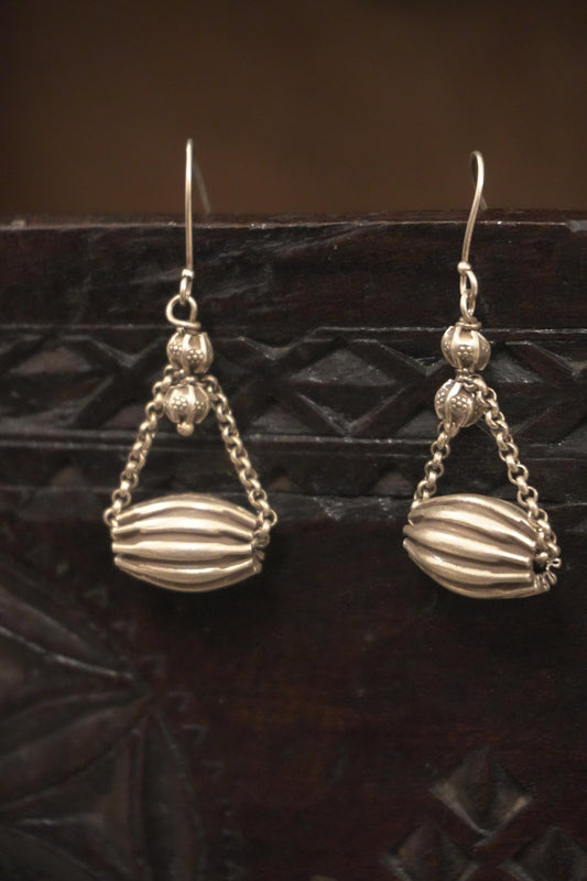 Tribal silver jewellery Tanna earrings in 92.5 silver with beaded and ribbed design.