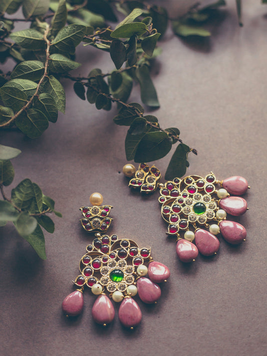 Abharika temple earrings in gold-gilded 92.5 sterling silver with red kemp stones - product shot by Aaharya