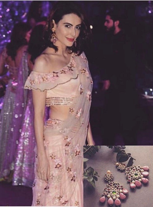 Mandana Karimi wearing Abharika temple earrings with blush pink embellished saree at glamorous event